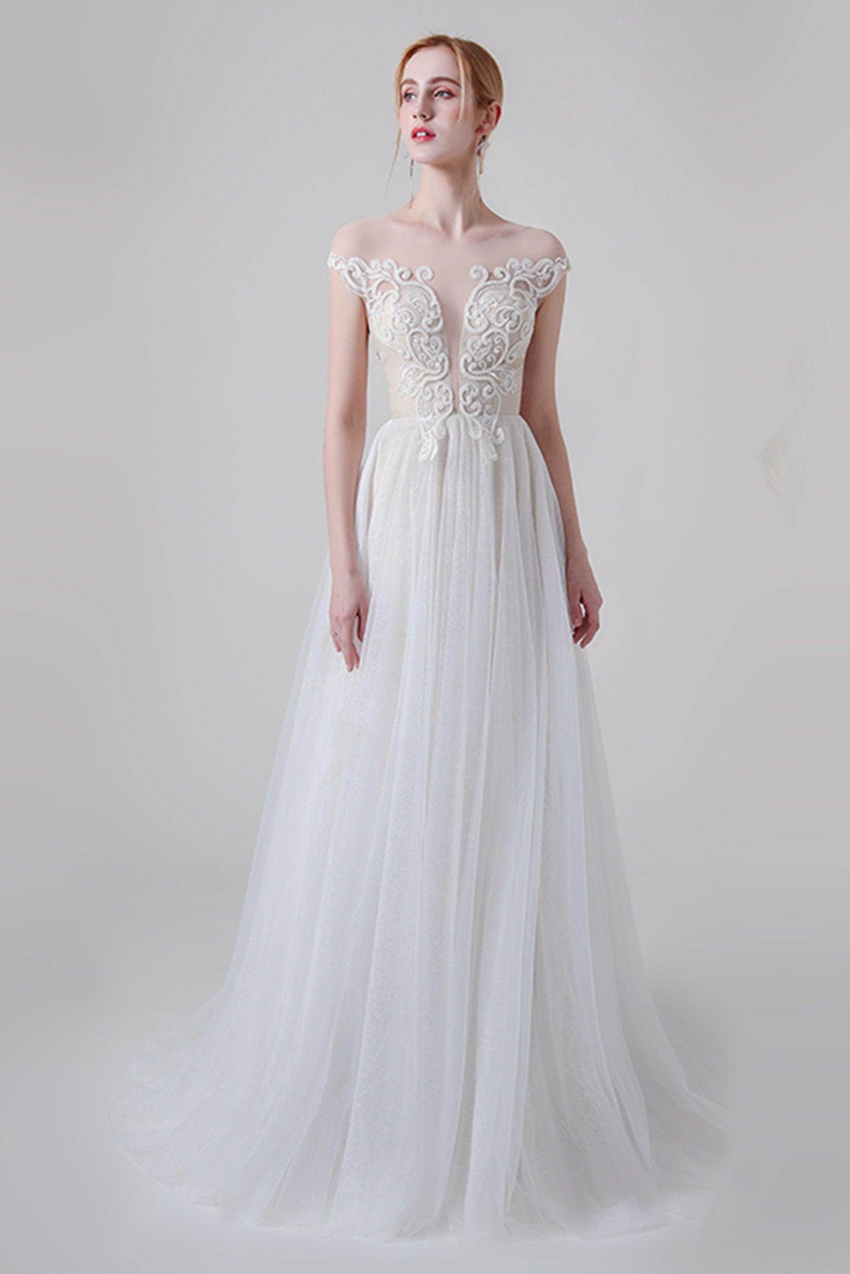 A-Line Sweep-Brush Train Lace Tulle Wedding Dress CW2748 - COCOMELODY